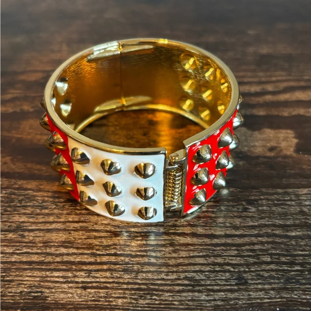 Gold Spike Hinged Cuff Bracelet‎ with Red and White Enamel
